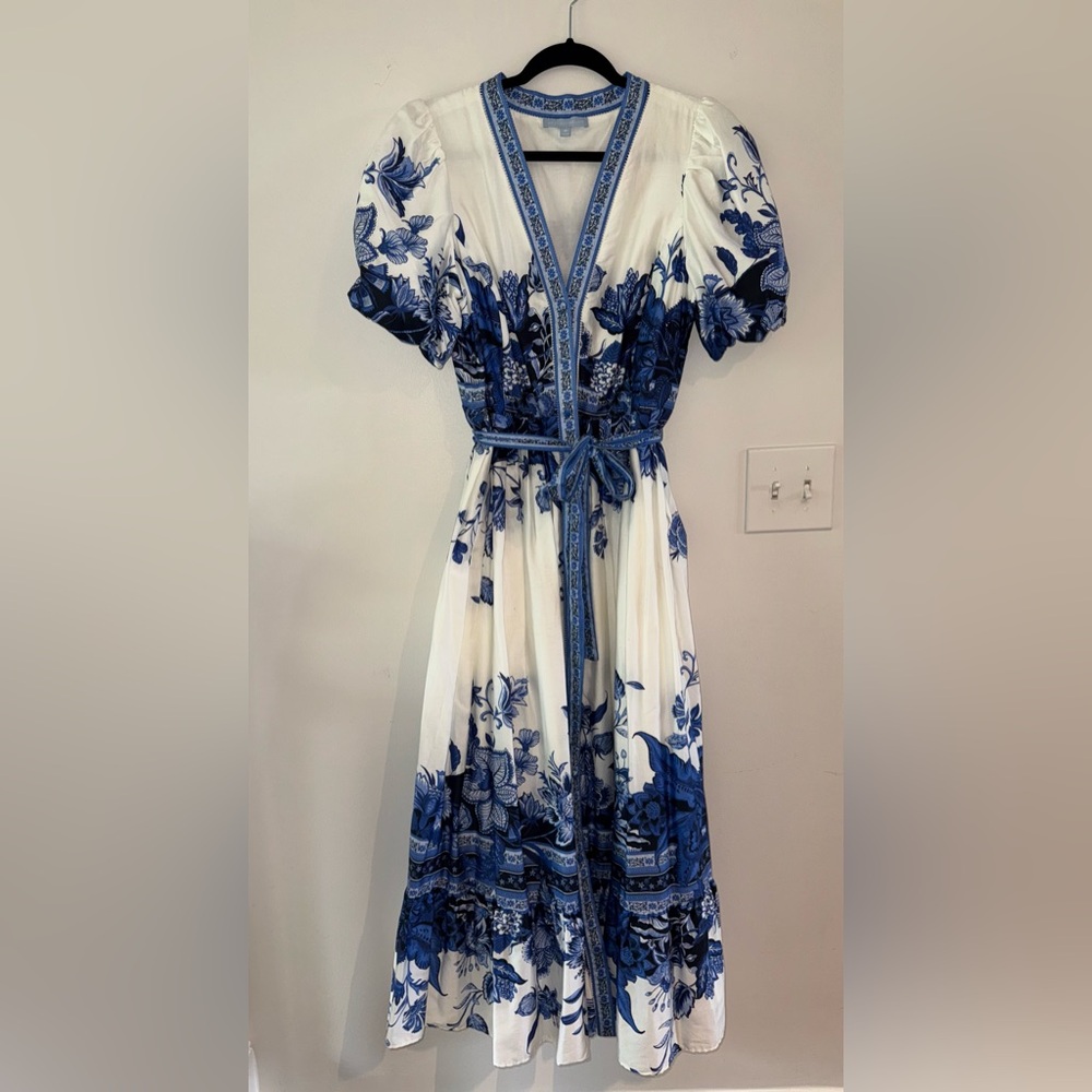 ANTONIO MELANI Blue and White Puff Sleeve Midi Dress